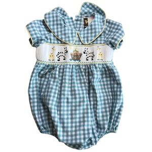 Banana Split Noahs Ark Smocked Bubble Romper Baby Size 24M Blue Gingham Smock